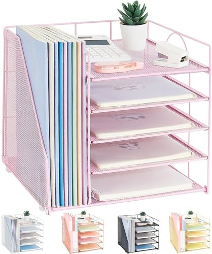 LEKETREE Organizer da scrivania con porta documenti, organizer per carta a 5 ripiani, vassoio per lettere con cassetto scorrevole e portapenne, organizer da scrivania in rete per forniture scolastiche