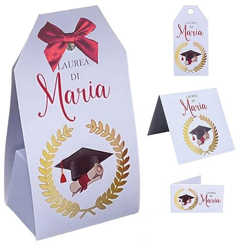 Regalami.Shop Set bomboniere Personalizzate 20 scatoline + 20 bigliettini + 20 segnaposto + 20 Tag - 80 Pezzi (Laurea 1, 20)