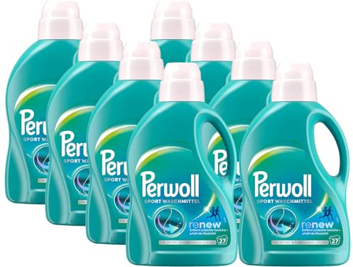 PERWOLL Sport Waschmittel 216 (8 x 27 WL), Hygiene Waschmittel reinigt sanft, entfernt schlechte Gerüche & erhält die Elastizität, für Sport- und Funktionskleidung, mit Dreifach-Renew-Technologie