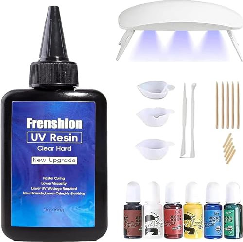 Frenshion MINI LAMPE en résine UV, formule améliorée 100g résine UV rigide à faible viscosité + Pigment coloré + outil de fabrication de bijoux, bricolage