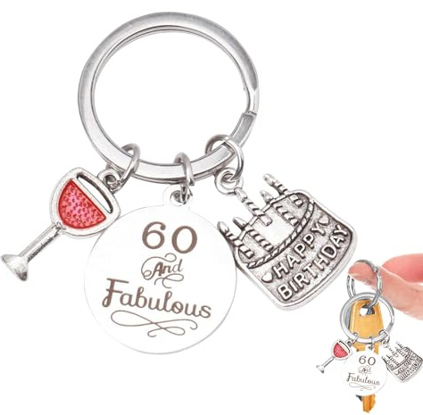Bansusu 1Pcs 60th Birthday Keyring Inspirational 60 And Fabulous Pattern Stainless Steel 60th Birthday Gifts Anti-Rust 60th Keyrings for Women wfor Grandma Grandad Mum Dad birthday Gifts