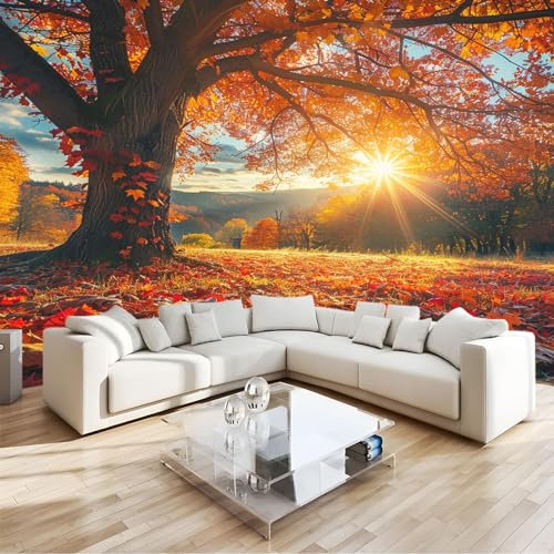 Braun 3D Fototapete Herbstliche Ahorn-Sonnenuntergangslandschaft Hochwertige Qualität Vlies Wandtapete, Für Schlafzimmer Wohnzimmer Wanddekoration - Einfach Anzubringen B300 X H210 Cm