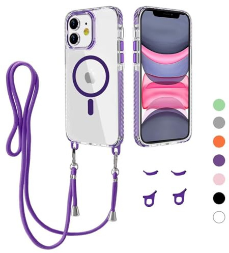 MBSLFY Handyband Handyhülle für iPhone 11 Hülle mit Band [Kompatibel mit Magsafe] Transparente Magnetisch Handyhülle mit Abnehmbar Schutzhülle kompatibel mit iPhone 11, Tiefviolett