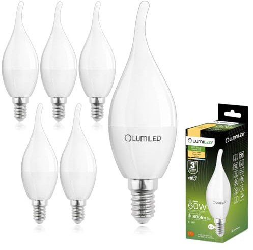 Lumiled BA35 E14 LED Lampe 8W (ersetzt 60W), 806 Lumen, Kerze Milch Glas Leuchtmittel in Kerzeform Windstoß 3000K Warmweiß Birne Lampen 180° Grad Abstrahlwinkel LED Lampen Kerzenbirnen 6er-Pack