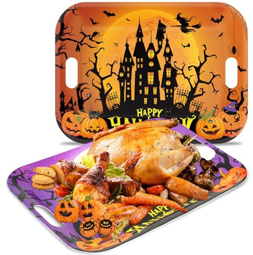 gisgfim 2Pcs Halloween Serving Trays 16.1 X 11.1 Inch Large Melamine Platters with Handles, Orange Purple Castle Pumpkin Bat Food Trays Halloween Movie Night Snack Trays Birthday Party Serving Dishes