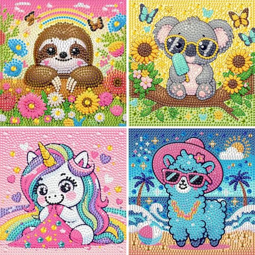 DOMROM 4er Set Diamond Painting Kinder, Niedliche Tiere 5D Full Diamant Painting Bilder Koala Faultier Alpaka Bastelset Edelsteinkunst Mädchen Junge Geschenke 6 7 8 9 10 11 12 Jahre, 15x15cm