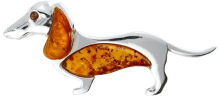 Sterling Silver 925 Sausage Dog Amber Brooch, Cognac
