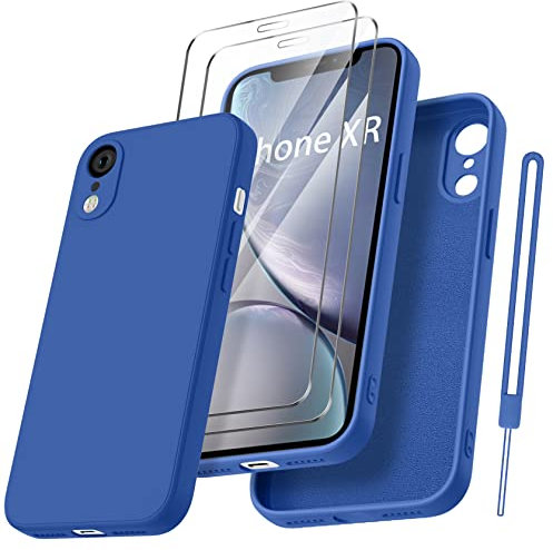 Qasyfanc HandyHülle für iPhone XR Hülle Silikon case mit 2 Stück Schutzfolie, Ultra Microfiber TPU Flüssig silikon mit Kameraschutz Kratzfeste Rundumschutz Schutzhülle 6.1'' - Marineblau