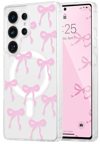 UEEBAI Magnetisch Hülle für Samsung Galaxy S22 Ultra 5G, Rosa | Schleife Transparente Handyhülle mit Kabelloses Laden, Kameraschutz Anti-Vergilbung Schutzhülle, Stoßfeste Bumper Cover Case