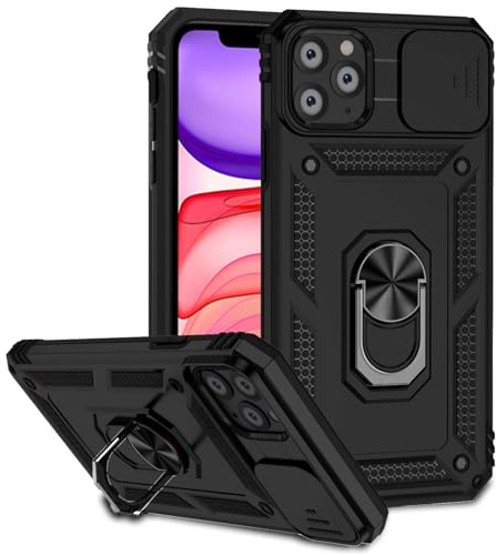 Tothedu Handyhülle für iPhone 11 Pro hülle mit Schiebe kamer Abdeckung, integriertem 360°-Drehring-Ständer und magnetisch stoßfest Schutzhülle für iPhone 11 Pro Schwarz