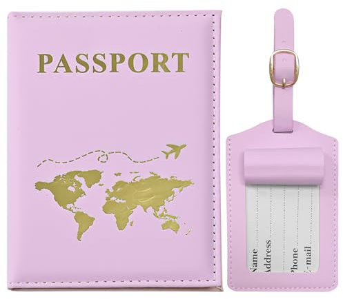 GIKPAX Reisepasshülle, Gepäckanhänger, Reisepasshülle aus PU-Leder, Reisebrieftasche für Reisepass, Ticketkarte, Bordkarten, Kreditkarte, Visitenkarten (Lila)