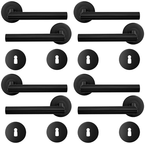 HAIFUAN Lot de 4 poignées de porte à levier en acier inoxydable avec écusson de trou de serrure, ensemble de poignées de serrure de porte, barre de main de porte, couleur noire (S02-103K-B-4)