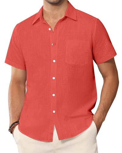 siliteelon Mens Short Sleeve Shirts Summer Linen Shirt Beach Regular Fit Casual Cotton Holiday Tops with Pocket Coral M
