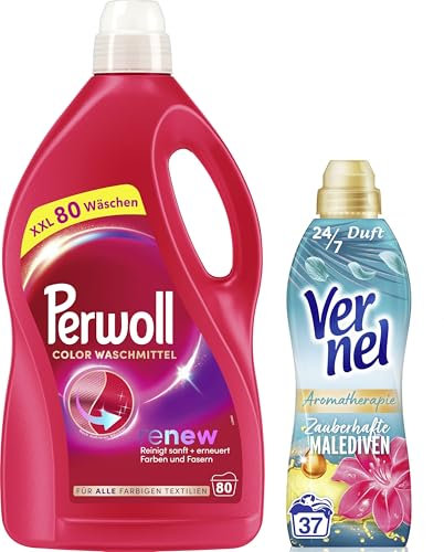PERWOLL Color Waschmittel (80 WL) - Feinwaschmittel reinigt sanft und erneuert farbige Textilien - mit Dreifach-Renew-Technologie & VERNEL Aromatherapie Zauberhafte Malediven Weichspüler (37 WL)