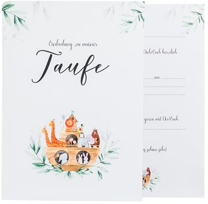 annaundfelix 12x Einladungskarten Taufe • Arche Noah Blätter • Din A6 Set mit Lückentext • Kommunion Konfirmation Segnung Taufeinladung • Mädchen (Arche Noah Blätter)
