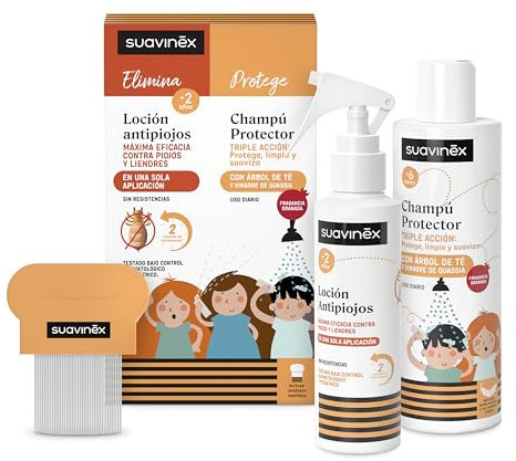 Suavinex, Pack Spray Loción Antipiojos y Liendres 125 ml + Champú Protector Antipiojos 250 ml + Lendrera Metálica, Máxima Eficacia contra Piojos y Liendres, con Árbol del Té, Limpia y Suaviza, +2 Años