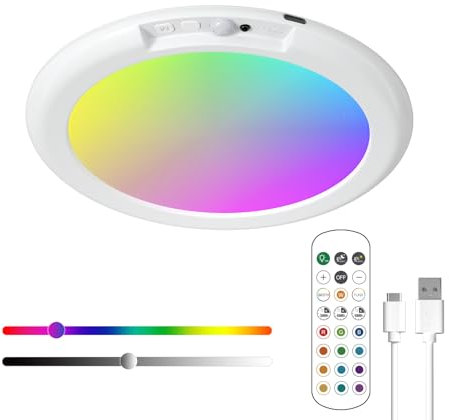 Lustaled Rechargeable Motion Sensor LED Ceiling Lights RGB 13Colours, 7.5in Dimmable Battery Operated Bathroom Shower Light,Magnetic Wireless Wall Light with Remote,Timing for Kid Room Party Festival