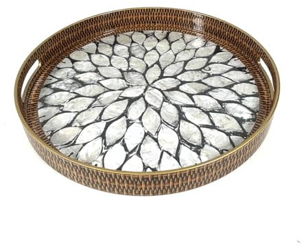 Heaven4you Round or Rectangular Decorative Serving Tray with Mother-of-Pearl Leaf Mosaic Design with Gold Trim | Glossy Finish Organizer or Food Tray for Coffee Table or Dining (Round Leaf Mosaic)