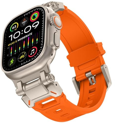 XMKT Para Apple Watch Ultra 2 Band 49mm Para Apple Watch Band Series 9/8/SE2/7/6/SE/5/4/3/2/1 45mm/44mm/42mm Banda conectora de metal duradera, banda de repuesto deportiva de TPU resistente(Orange - T