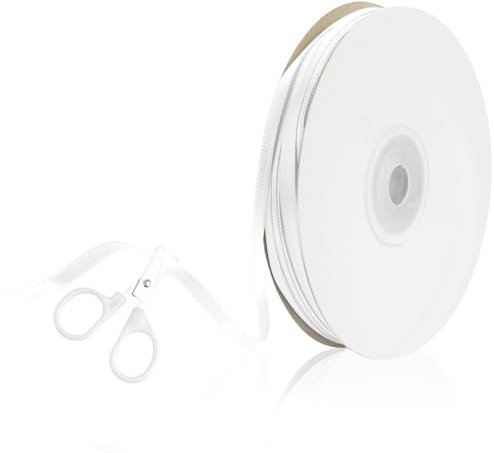 Satinband Weiss mit Schere, 3mm x 91m Schleifenband Weiss, Seidenband Weiß, Weißes Band, Geschenkband für Hochzeit Dekoband Handwerk Weihnachten, Taufe, Luftballons Blumenstrauß