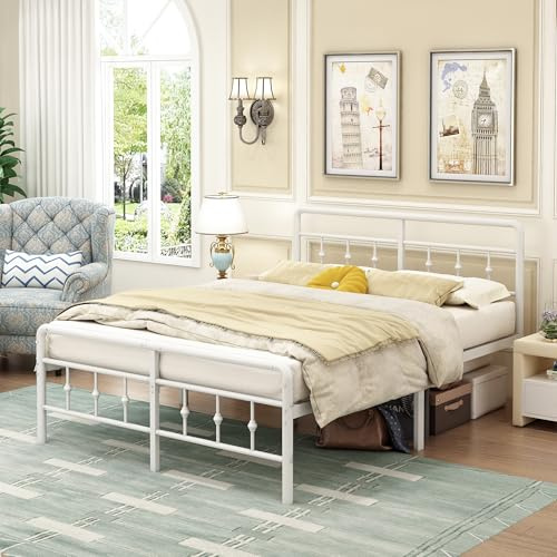 EMODA Metallbett 120 x 200 cm mit Viktorianischem Kopfteil, Weiß | Metal Slat Support, Vintage-Stil, Passende Fußplatte, 30 cm Unterbodendurchsicht, Einfache Montage, Geräuschfrei