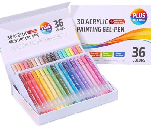 Langou 3D Acrylic Painting Gel Pens, 2025 New Glitter Gel Pens for Adult Coloring, 1.0 Colored Fine Tip Muticolor Marker Art Set, Coloring Paint Pen for Doodle Drawing DIY (36pcs)