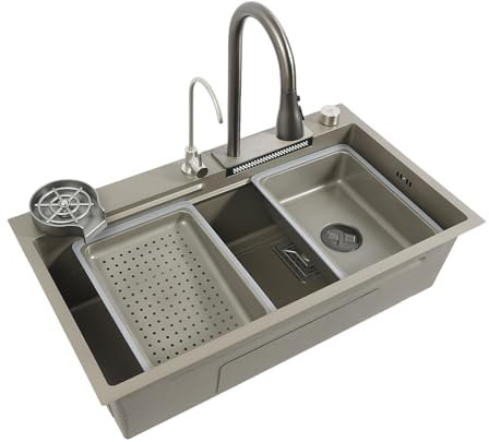 Fregadero de cocina de 80 x 45 cm, multifunción, cascada, grifo, longitud 60 cm, fregadero de acero inoxidable con grifo extraíble de 360 ° y accesorios, práctico fregadero empotrable, 12,8 kg