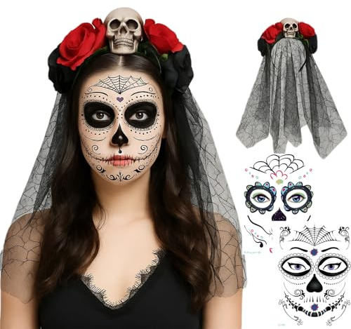 Amazleer Halloween Tag der Toten Dia de los Muertos Haarreif mit Schleier, Tag der Toten Kopfschmuck, Haarschmuck Rosen Totenkopf Deko Muertos Haarreif mit Tag für Halloween Kostüm