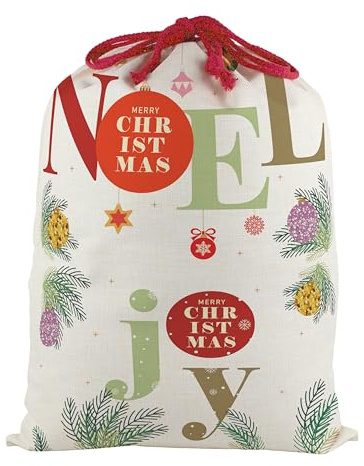 Extra Large Christmas Santa Sack - Large Fabric Present Bag for Xmas Gifts with Red Drawstring Ties - Noel & Joy Baubles