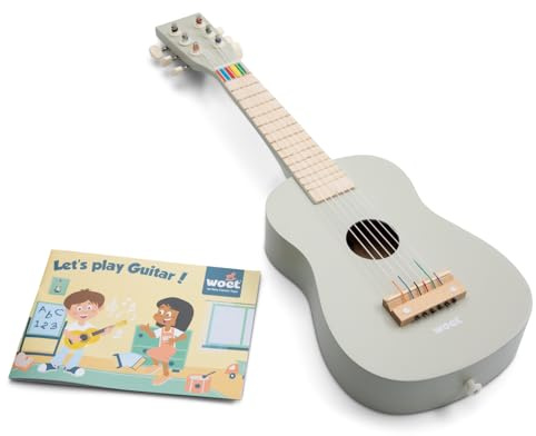 Woet Guitare Jouet en Bois pour Enfants - Guitare Enfant Beige avec 6 Cordes - Instrument de Musique Jouet Éducatif - Comprend Chanson - A partir de 3 Ans - Cadeau pour Garçons et Filles