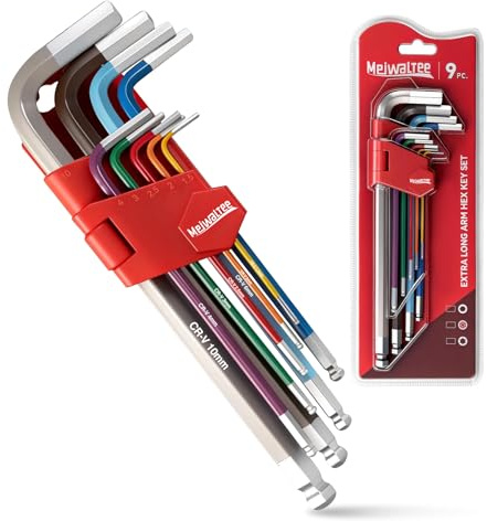 Meiwaltee Professional set de 9 clés Hexagonales, Bras Extra Long Métrique Clés Allen 1,5-10mm, Acier Cr-V, Clés Antidérapantes de Couleur Pour la Réparation de Vélos et de Meubles, Projets DIY.