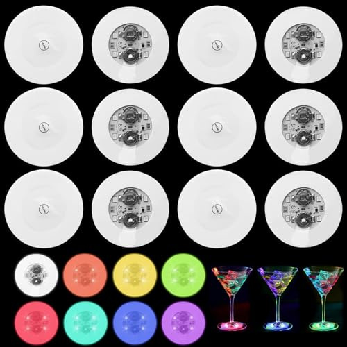 12 Stück LED-Untersetzer Aufkleber Stimmungslichter, 6 bunte und 6 weiße Lichter, selbstklebende und wasserdichte Untersetzer für Getränke, Flaschen, Bar, Partys und Hochzeiten, Ø 6 cm
