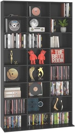 Songvas Mobile Porta CD con Ripiani Regolabili, Porta DVD a Colonna, Mobiletto DVD, 24 Scomparti, Vetrina da Collezione, adatto per Ufficio, Soggiorno e Studio, 102 x 23.5 x 180cm, Nero