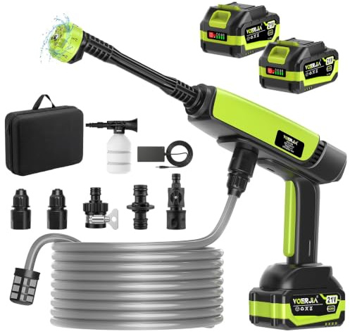 VOERJIA Nettoyeur Haute Pression sans Fil 21V - 1000 PSI Pistolet de Lavage Portable avec 2 Batteries 4.0Ah (Indicateur LED), Buse 6-en-1 pour Voiture, Vélo, Terrasse, Fenêtre et Jardin
