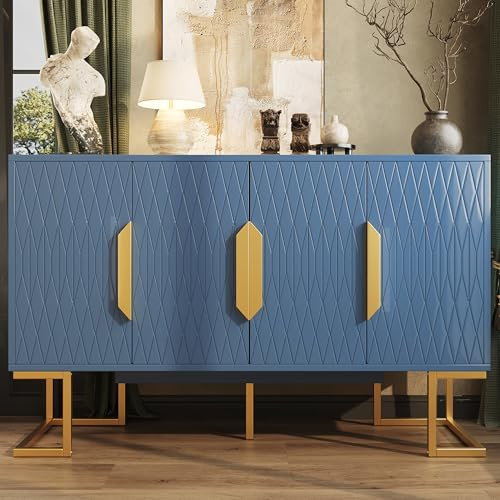FammyLoft Moderner Sideboard mit 4 Türen, Seitenschrank mit 2 höhenverstellbare Regale, Anti-Dumping, Ideal als Aufbewahrungsschrank, Küchenschrank oder Anrichte, 140 * 40 * 80 cm, Blau