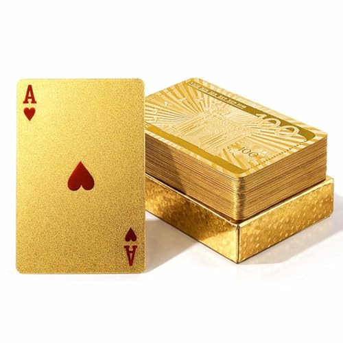 OIUAVYR 1 Wasserdichtes Kartenspiel-Deck, Plastikspielkarten mit Jumbo-Index, Goldener Hintergrund, 100-Euro-Muster, Ideal für Poker, Rommé, Blackjack, Bridge und Partyspiele