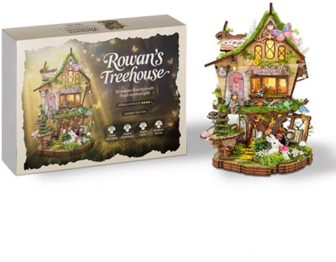 Puzzle 3D in legno per adulti da costruire, casa sull'albero di Rowan illuminata in legno, casa in miniatura, kit di montaggio fai da te, decorazione creativa per casa e ufficio e regalo (137+ pezzi)