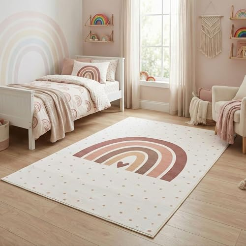 Carpetsale24 Kinderteppich Regenbogen Spielteppich für Kinderzimmer in Creme mit Herz Motiv Größe 120x170 cm ideal als Spielteppich