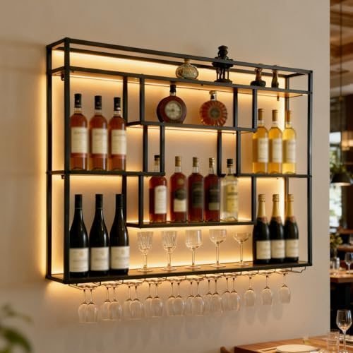 Wall Mounted Wine Rack with LED Light, Iron & Wood Wine Bottle Rack with Glass Holder, Modern Large Capacity Liquor Bottle Shelves, Bar Liquor Storage Shelf for Bar Kitchen (Iron+wood, 160cm)