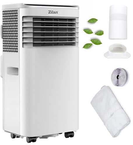 Zilan Mobile Klimaanlage 9000 BTU 3-in-1 Mobiles Klimagerät mit Abluftschlauch & Fensterkit – Kühlen, Entfeuchten & Ventilator, für Räume bis 50 m², 24h Timer, Schlafmodus, LED Display, Fernbedienung