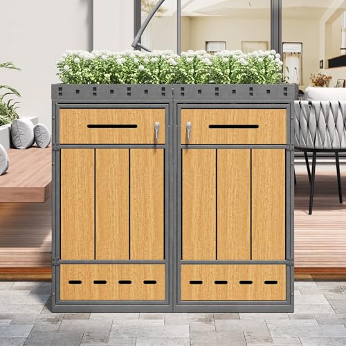 LLGWGL Lot de 2 cache-poubelles verrouillables en acier aspect bois gris – 120-240 l avec surface de plantation pour terrasse et balcon