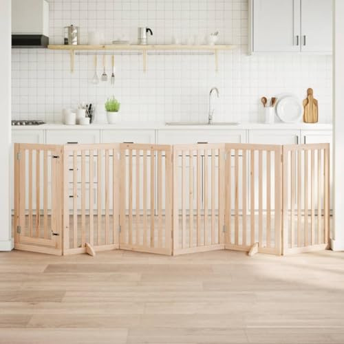 QUAHEAS Dog Gate with Door Foldable 6 Panels 300 cm Poplar Wood Freestanding with Door Lock Ideal as a Dog Kennel Run Puppy Outdoor Enclosure for Indoor Outdoor Garden Patio