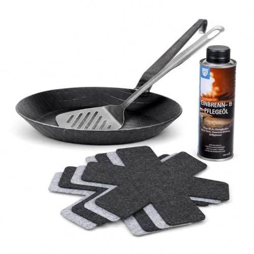 GRÄWE F400 Schmiedeeiserne Bratpfanne Ø 24 cm Starterset mit Wender | Unbeschichtet, bis 400 °C, induktionsgeeignet, inklusive Wender, Pfannenschutz sowie Einbrenn- und Pflegeöl