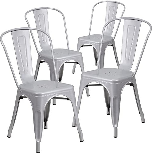 Flash Furniture Stapelbarer Stuhl aus Metall, für drinnen und draußen, Kunststoff, Gummi, silberfarben, 4 Stück
