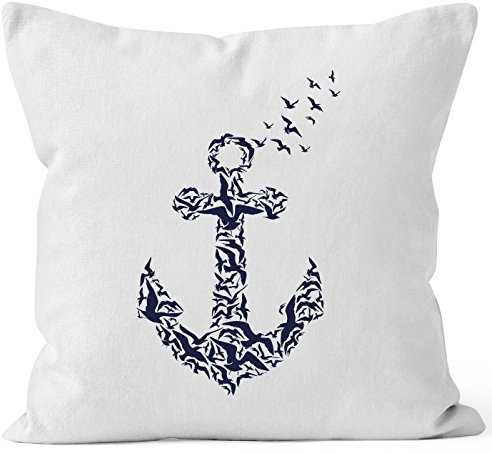 Autiga Zauberhafter Kissenbezug Vogel Anker Anchor Birds Kissen-Hülle Deko-Kissen 40x40 Baumwolle weiß 40cm x 40cm
