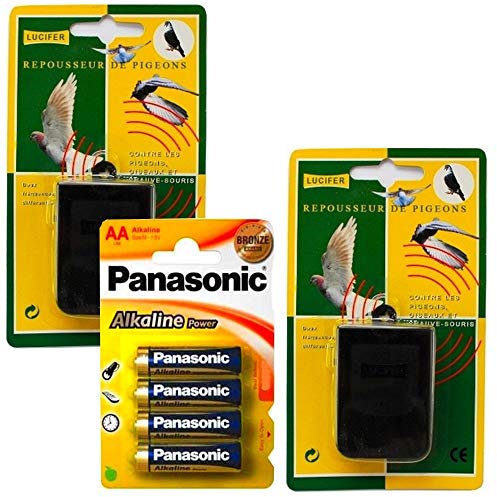 2 repousseurs Anti Pigeon à ultrasons, (+ 4 Piles Alkaline LR06), pour Oiseaux et Chauve Souris, à Piles