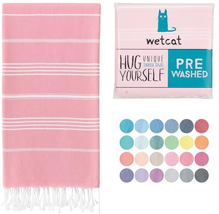 WETCAT Vorgewaschenes Super weiches türkisches Handtuch, 100% Baumwolle, Stranddecke, Pestemal, Fouta, Überwurf – für Bad, Strand, Pool, Picknick, Reisen, 94 x 178 cm – Katze Katze Basic Light Pink