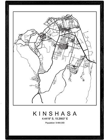 Nacnic Drucken Stadtplan Kinshasa skandinavischen Stil in Schwarz und Weiß. A3 Größe Plakat Das bedruckte Papier Keine 250 gr. Gemälde, Drucke und Poster für Wohnzimmer und Schlafzimmer