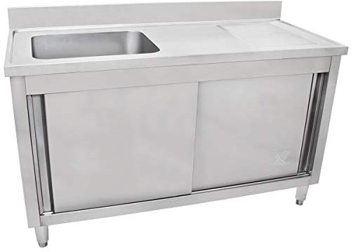 Beeketal 'GSB140SL' Edelstahl Spülschrank mit Spülbecken (links), Abtropffläche und Aufkantung, Unterschrank mit 2 Schiebetüren und justierbaren Stellfüßen, (B/T/H): ca. 1400 x 600 x 940 mm
