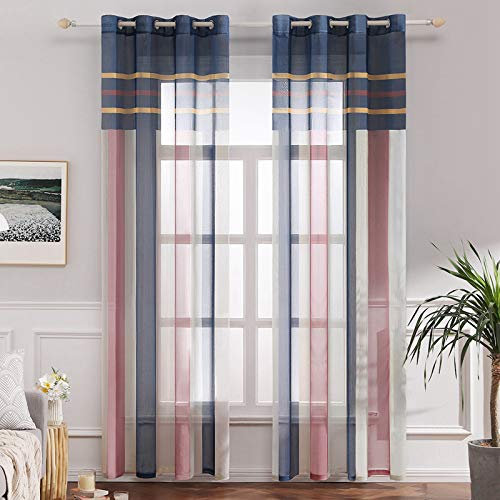 MIULEE Lot de 2 Rideaux Voilage Imprimes 140x225 CM Décorative Fenêtre Design Moderne Uni à Oeillets Décoration pour Maison Salon Cuisine Chambre Bleu+Rose